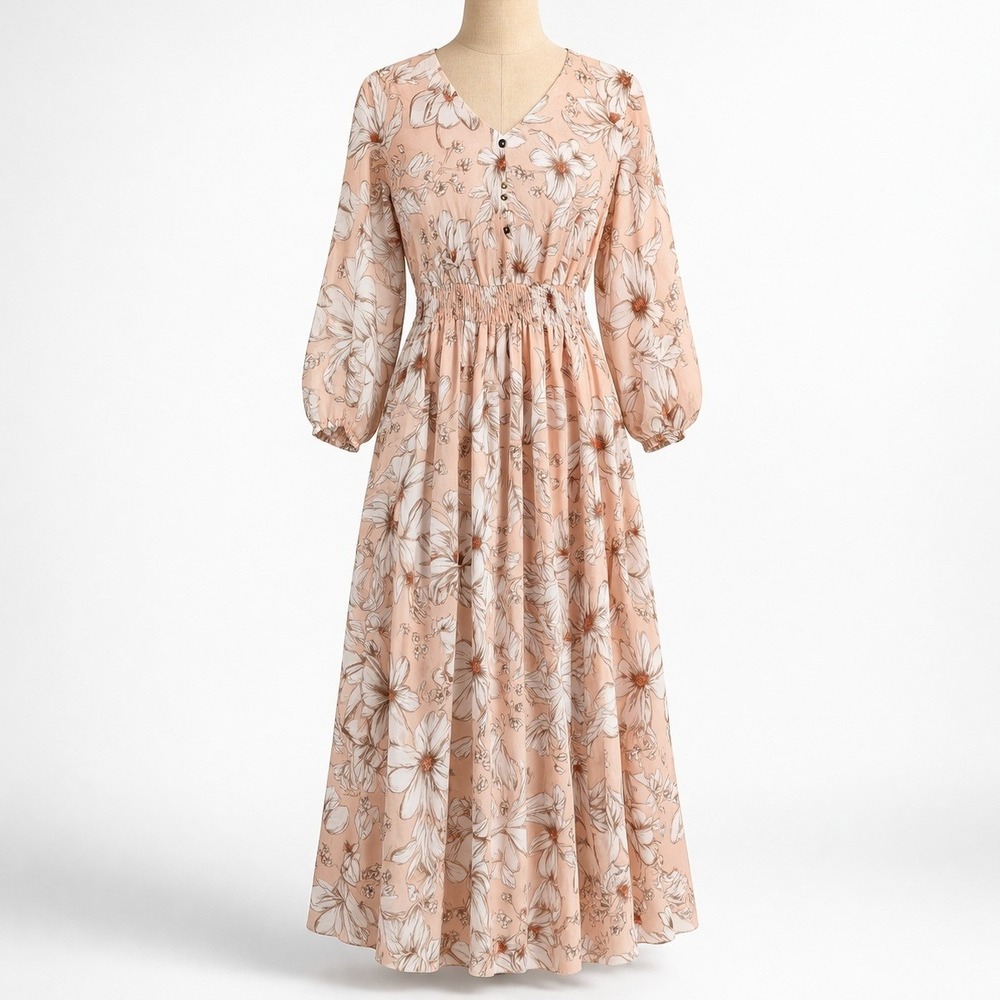 Floral Fairy Chiffon Maxi Dress Size 8 Petite Pink Long Sleeve Romantic Coquette